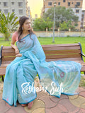 Ice Blue Handwoven Cotton Jamdani Saree - Ek Poshla Brishti