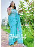 Ice Blue Handwoven Cotton Jamdani Saree - Ek Poshla Brishti