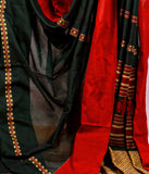 Handloom Pure Cotton Ethnic Motifs Red Dark Green Saree - A Shade of Green From The Land of Jewels