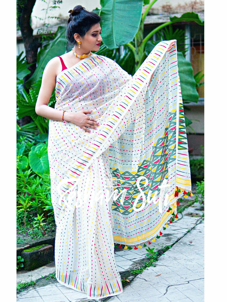 Multicolour Resham Cotton Jamdani White Saree - Island of La Grande