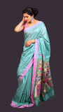 Sea Green Pink Handwoven Matka Jamdani Saree - Aranya Katha