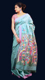 Sea Green Pink Handwoven Matka Jamdani Saree - Aranya Katha