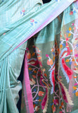 Sea Green Pink Handwoven Matka Jamdani Saree - Aranya Katha