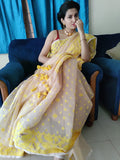 Yellow Beige Resham Cotton Jamdani Saree - Valley of Craspedia