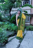 Handloom Cotton Ikkat Yellow Green Saree - Lilly of The Valley
