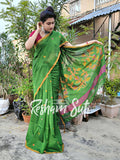 Handwoven Cotton Jamdani Pallu Green Saree - Piya Man Bhaye