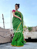 Handwoven Cotton Jamdani Pallu Green Saree - Piya Man Bhaye