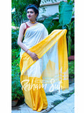 Handwoven Cotton Mahapar Yellow White Saree - Palash Priya