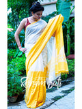 Handwoven Cotton Mahapar Yellow White Saree - Palash Priya