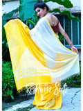 Handwoven Cotton Mahapar Yellow White Saree - Palash Priya