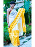 Handwoven Cotton Mahapar Yellow White Saree - Palash Priya