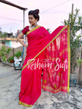 Handwoven Cotton Pink Green Saree - Cranberry Mint