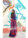 Deep Blue Red Modal Cotton Saree - Deep Blue Destiny