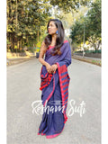 Deep Blue Red Modal Cotton Saree - Deep Blue Destiny