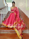 Handloom Cotton Silk Carrot Pink Saree - Blushing Kiss