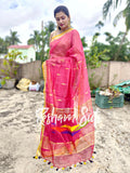 Handloom Cotton Silk Carrot Pink Saree - Blushing Kiss