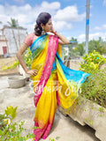 Ganga Yamuna Border Yellow Linen Jamdani Ikkat Saree - Unicorn Dreams