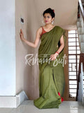 Mul Modal Olive Green Red Saree - Leaf of Faith