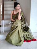 Mul Modal Olive Green Red Saree - Leaf of Faith
