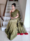 Mul Modal Olive Green Red Saree - Leaf of Faith