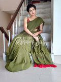 Mul Modal Olive Green Red Saree - Leaf of Faith