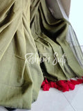 Mul Modal Olive Green Red Saree - Leaf of Faith