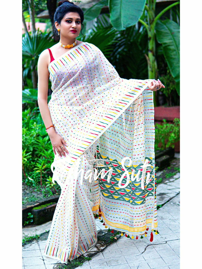 Multicolour Resham Cotton Jamdani White Saree - Island of La Grande