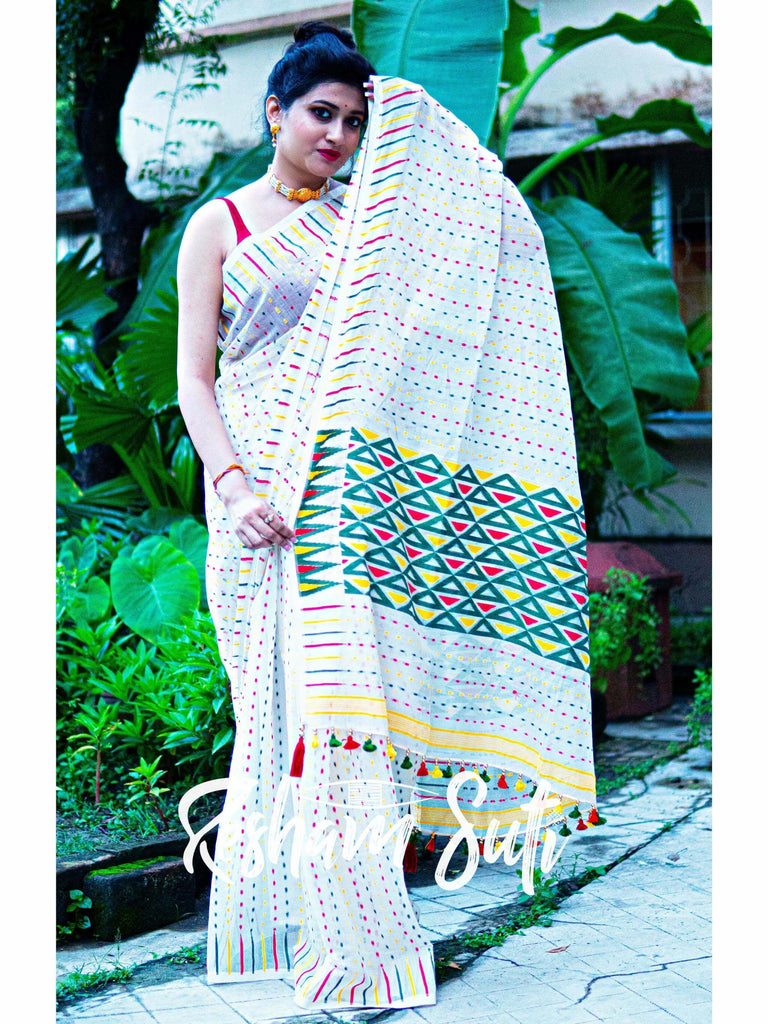 Multicolour Resham Cotton Jamdani White Saree - Island of La Grande