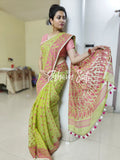 Fluorescent Green Pink Resham Cotton Jamdani Saree - Dwiper Naam Tiya Rang