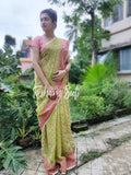 Fluorescent Green Pink Resham Cotton Jamdani Saree - Dwiper Naam Tiya Rang