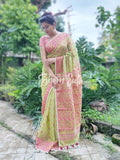 Fluorescent Green Pink Resham Cotton Jamdani Saree - Dwiper Naam Tiya Rang