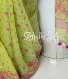Fluorescent Green Pink Resham Cotton Jamdani Saree - Dwiper Naam Tiya Rang