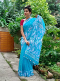 Sky Blue White Resham Cotton Jamdani Saree - Sada Megher Vela