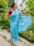 Sky Blue White Resham Cotton Jamdani Saree - Sada Megher Vela