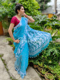 Sky Blue White Resham Cotton Jamdani Saree - Sada Megher Vela