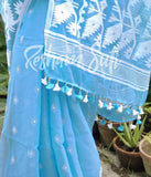 Sky Blue White Resham Cotton Jamdani Saree - Sada Megher Vela