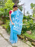 Sky Blue White Resham Cotton Jamdani Saree - Sada Megher Vela