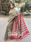 Sage Green Red Modal Cotton Saree - Spring Fling