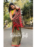 Sage Green Red Modal Cotton Saree - Spring Fling