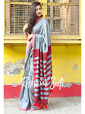 Silver Red Modal Cotton Saree - Winter Wonderland