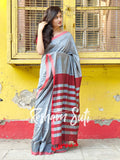 Silver Red Modal Cotton Saree - Winter Wonderland